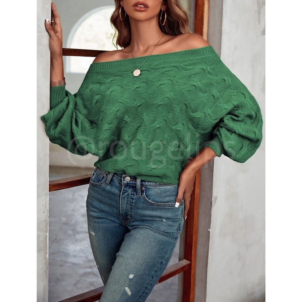 Off the Shoulder Batwing Sleeve Forrest Green Knit Sweater Pullover - Picture 4 of 8
